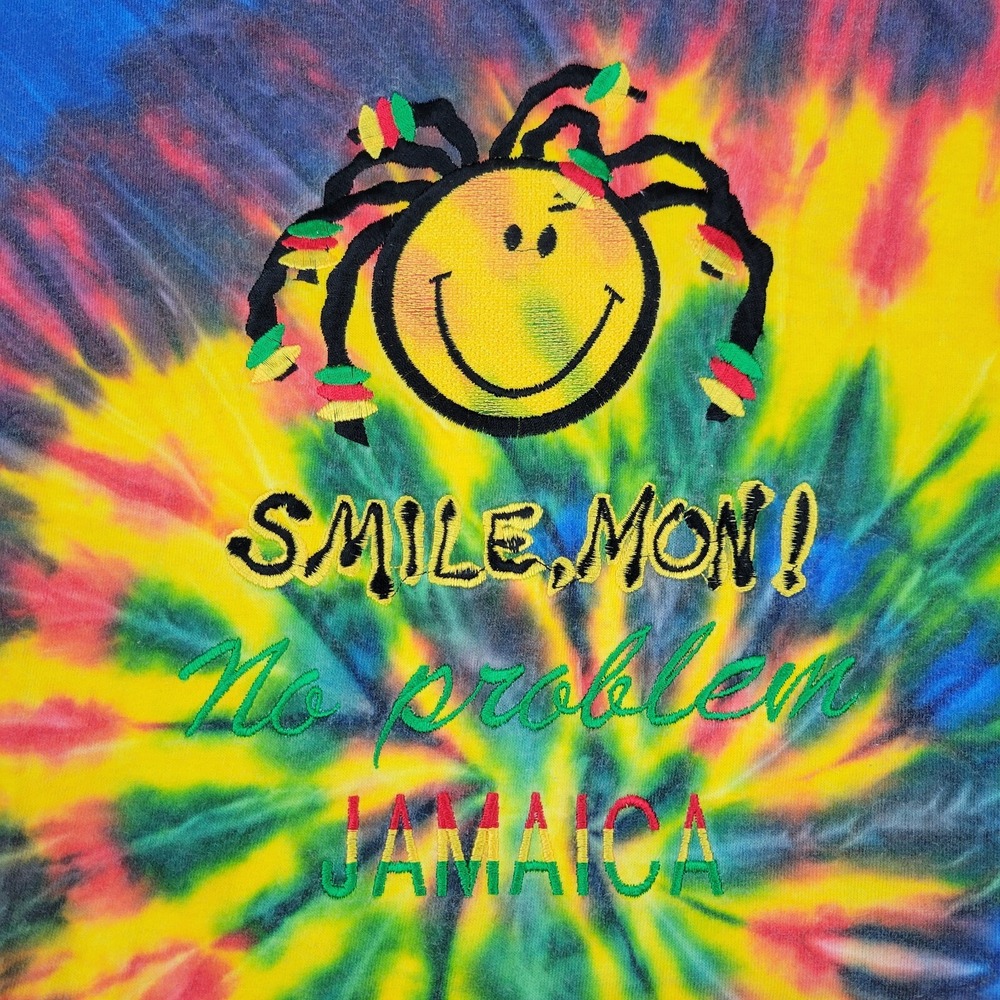 Oneita Jamaica Smile Mon Embroidered T-Shirt Mens Medium Tie Dye Graphic Tee M